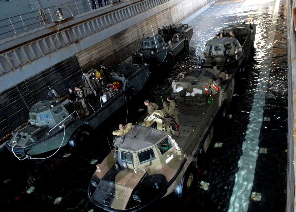 US Navy 090708-N-6692A-034 U.S. and Royal Australian Navy lighter amphibious resupply cargo (LARC) vessels prepare to conduct launch and recovery training exercises aboard the amphibious dock landing ship USS Tortuga (LSD 46)
