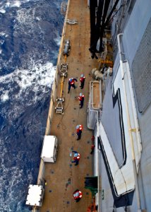 US Navy 090711-N-9950J-203 Sailors assigned to the forward-deployed amphibious assault ship USS Essex (LHD 2) ready the phone and distance line during an underway replenishment with the Australian underway replenishment tanker