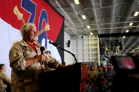 US Navy 090713-N-3659B-080 Former NFL head coach Don Shula addresses the crew of the aircraft carrier USS Ronald Reagan (CVN 76) during a USO Summer Troop Visit