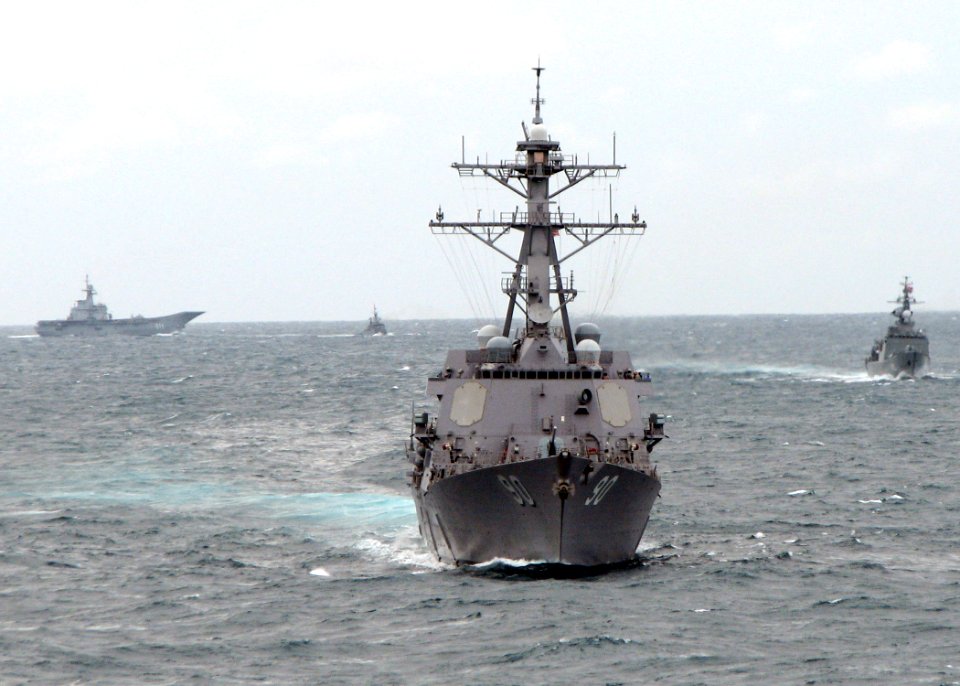 US Navy 090713-N-7058E-148 The guided-missile destroyer USS Chafee (DDG 90) leads a formation of Royal Thai Navy ships including HTMS Chakri Naruebet (CVH 911), HTMS Khirrirat (FS 432) and HTMS Naresuan (FFG 421)