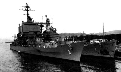 USS Boston (CAG-1) and USS Long Beach (CGN-9) docked at Naval Station Subic Bay, Philippines, in April 1967