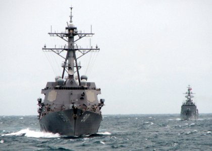 US Navy 090713-N-7058E-080 The guided-missile destroyer USS Chafee (DDG 90) and the Royal Thai Navy frigate HTMS Naresuan (FFG 421) maneuver into formation during the at-sea phase of Cooperation Afloat Readiness and Training (