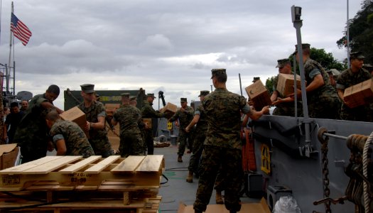 US Navy 090712-A-7779L-046 U.S Marines assigned to the 2nd Marine Expeditionary Force (2nd MEF) and Brazilian Marines offload boxes of Measl Ready To Eat off Landing Craft Unit (LCU) 1643 on Governor's Island in Rio De Janeiro