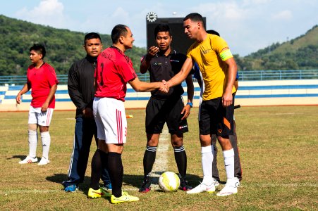 USS Bonhomme Richard sailors play soccer in Malaysia 150224-N-UF697-043