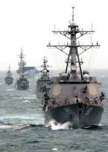 US Navy 090713-N-7058E-097 The guided-missile destroyer USS Chafee (DDG 90) leads a formation of Royal Thai Navy ships including HTMS Naresuan (FFG 421), HTMS Khirrirat (FS 432), HTMS Makutrajakuman (FF 433) and HTMS Chakri Nar