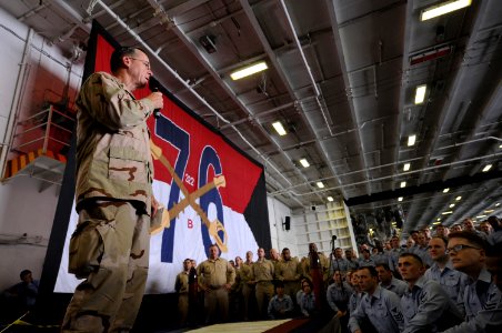 US Navy 090713-N-3659B-040 Adm. Mike Mullen, chairman of the Joint Chiefs of Staff, addresses the crew of the aircraft carrier USS Ronald Reagan (CVN 76) in the Gulf of Oman