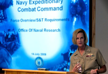 US Navy 090714-N-7676W-037 Rear Adm. Carol M. Pottenger, commander, Naval Expeditionary Combat Command (NECC), presents a briefing on the science and technology needs and solutions for the warfighter