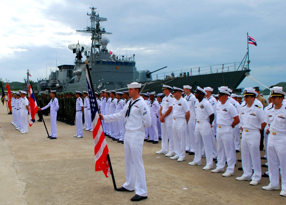 US Navy 090716-N-5207L-049 U.S. Sailors and Marines stand in formation with their Thai counterparts in front of the Royal Thai Navy guided-missile frigate HTMS Naresuan (FFG 421) during the closing ceremony for Cooperation Aflo