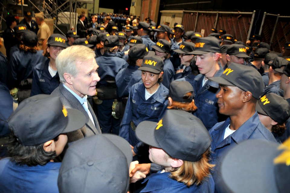 US Navy 090716-N-8848T-514 Secretary of the Navy (SECNAV) the Honorable Ray Mabus, left, congratulates recruits at Recruit Training Command (RTC)