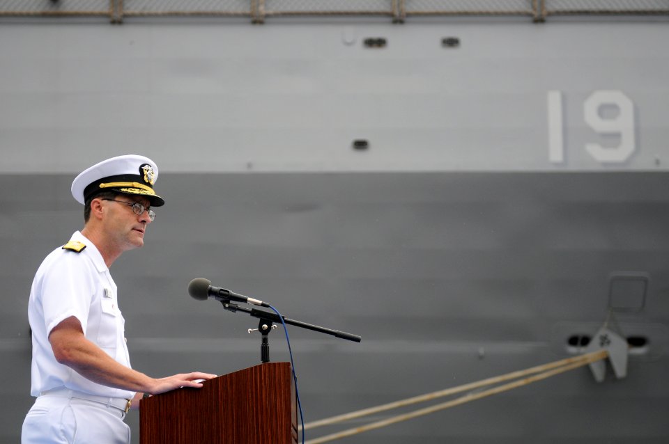 US Navy 090717-N-7280V-078 Vice Adm. John M. Bird, Commander, U.S. 7th Fleet, addresses guests from the Yokosuka, Japan community and past and present crew members during the 30th anniversary commemoration of the arrival of the