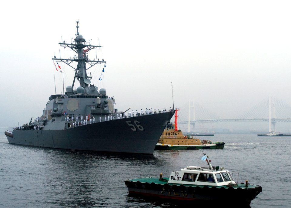 US Navy 090721-N-1251W-003 The Yokohama Bay Bridge looms in the background as the forward-deployed guided-missile destroyer USS John S. McCain (DDG 56) arrives in the port of Yokohama