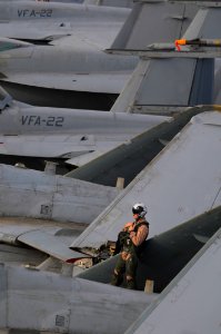 US Navy 090718-N-3610L-293 Lt. Cmdr. James Shell leans on the wing of an EA-6B Prowler assigned to the Cougars of Tactical Electronic Warfare Squadron (VAQ) 139 before flight operations aboard the aircraft carrier USS Ronald Re