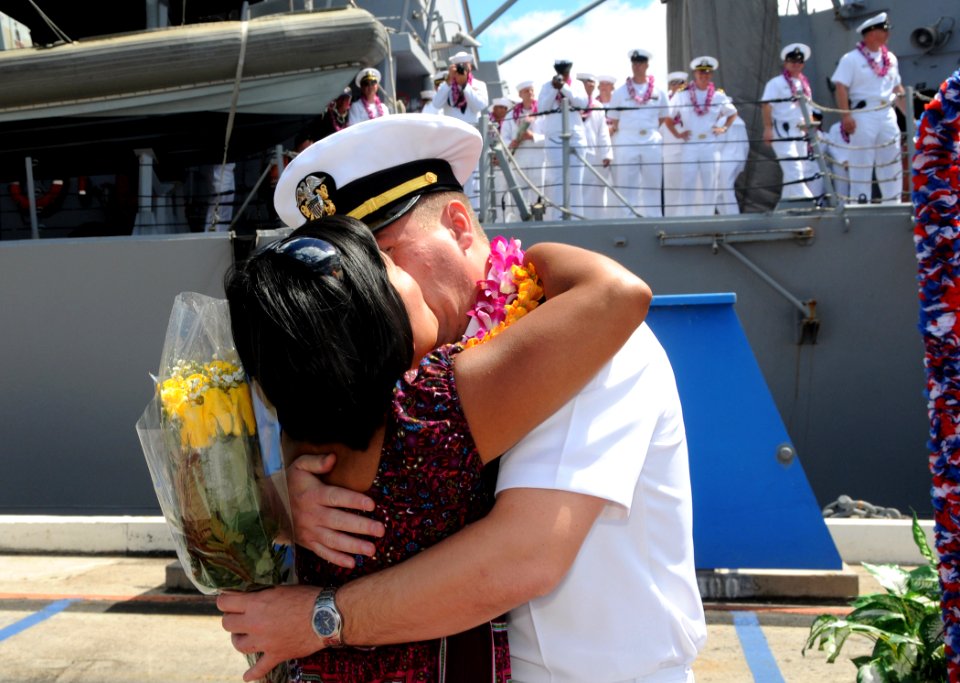 US Navy 090720-N-3666S-072 A Sailor assigned to the Arleigh Burke-class guided-missile destroyer USS Chung-Hoon (DDG 93) embraces his wife pier side at Naval Station Pearl Harbor
