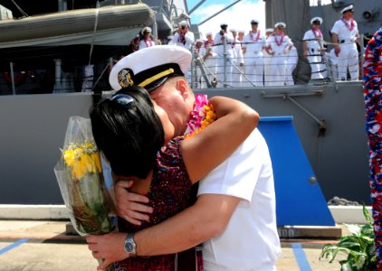 US Navy 090720-N-3666S-072 A Sailor assigned to the Arleigh Burke-class guided-missile destroyer USS Chung-Hoon (DDG 93) embraces his wife pier side at Naval Station Pearl Harbor