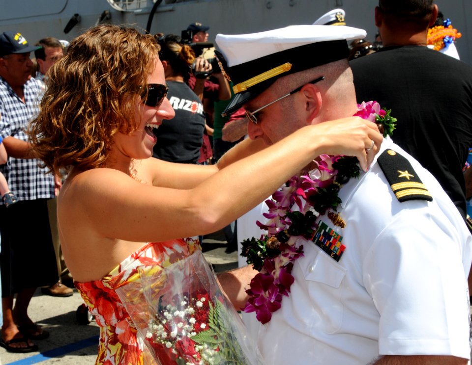 US Navy 090720-N-3666S-091 A Sailor assigned to the Arleigh Burke-class guided-missile destroyer USS Chung-Hoon (DDG 93) embraces his wife pier side at Naval Station Pearl Harbor