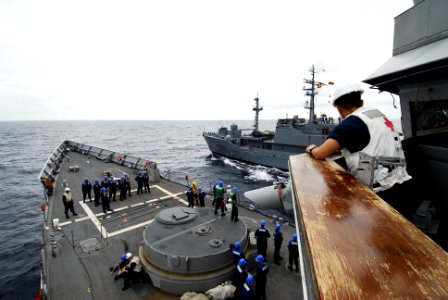 US Navy 090718-N-7092S-563 Hospital Corpsman 3rd Class Nick Maldonado watches Sailors pass a phone and distance line from USS Kauffman