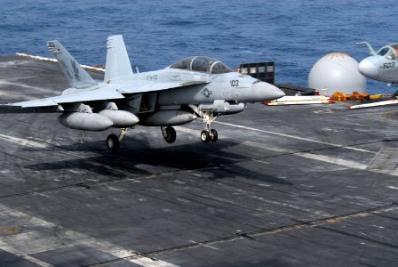 US Navy 090722-N-5586R-044 An F-A-18F Super Hornet assigned to the Fighting Redcocks of Strike Fighter Squadron (VFA) 22 lands aboard the aircraft carrier USS Ronald Reagan (CVN 76)