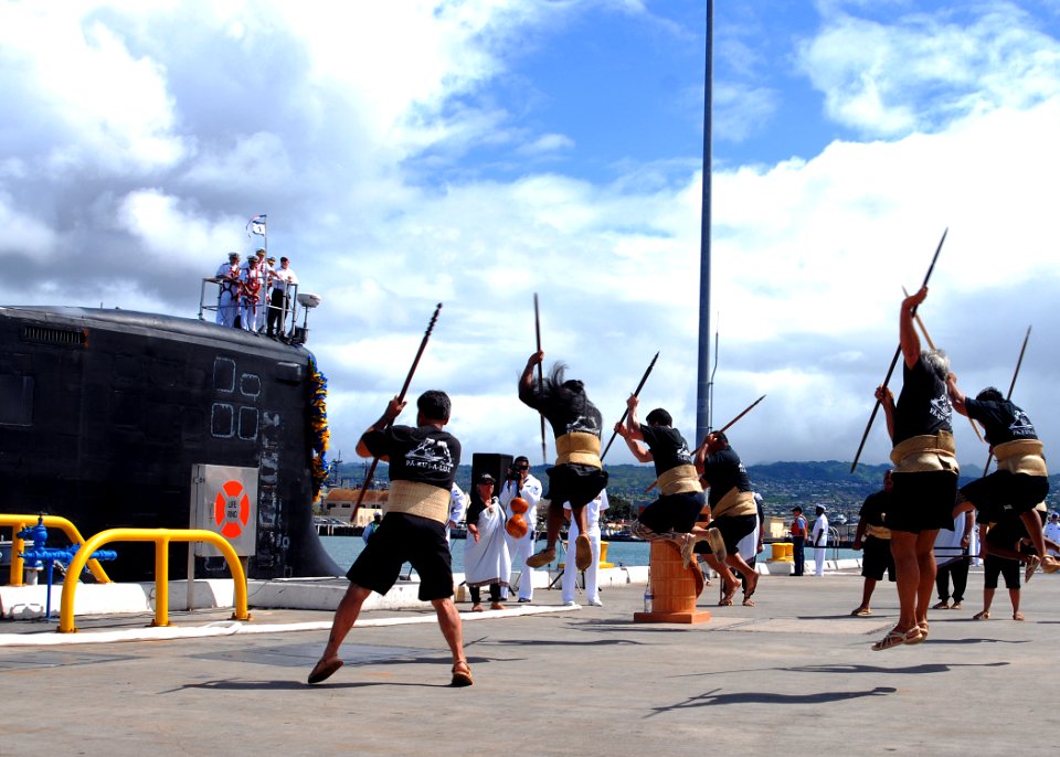 US Navy 090723-N-5476H-502 Members of the Pa Ku'a Lua perform a traditional Hawaiian Haka during the arrival ceremony for the Virginia-class attack submarine USS Hawaii (SSN 776)