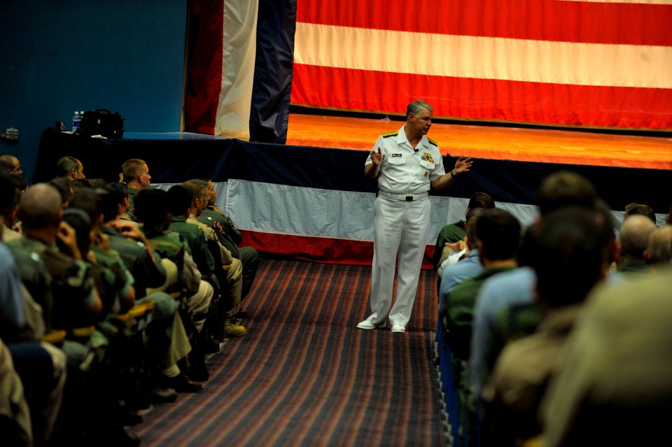 US Navy 090721-N-8273J-214 Chief of Naval Operations (CNO) Adm. Gary Roughead speaks with Sailors and answers questions during an all-hands call at Naval Air Station Corpus Cristi
