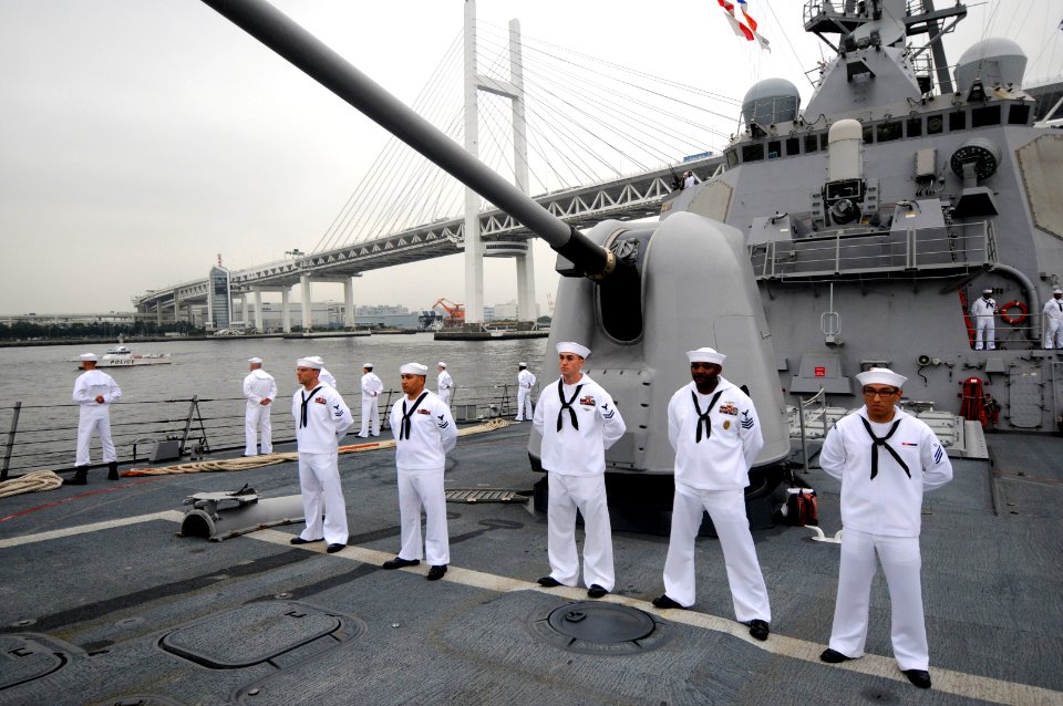 US Navy 090721-N-3262C-069 Sailors aboard the guided-missile destroyer USS John S. McCain (DDG 56) man the rails as the ship passes under the Yokohama Bridge