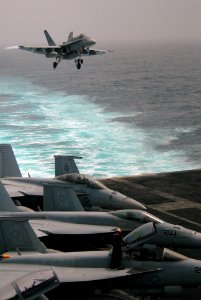 US Navy 090720-N-9132C-033 An F-A-18C Hornet assigned to the Stingers of Strike Fighter Squadron (VFA) 113 approaches for a landing aboard the aircraft carrier USS Ronald Reagan (CVN 76)