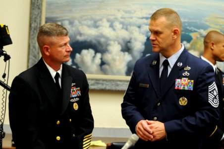 US Navy 090722-N-9818V-036 Master Chief Petty Officer of the Navy (MCPON) Rick West speaks with Chief Master Sgt. of the Air Force James Roy before testifying before the House Armed Services Committee, Subcommittee on Military
