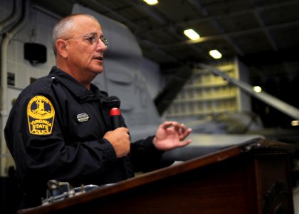 US Navy 090722-N-9988F-054 Virginia State Trooper Jim Reynolds speaks to the crew of the Nimitz-class aircraft carrier USS Dwight D. Eisenhower (CVN 69)