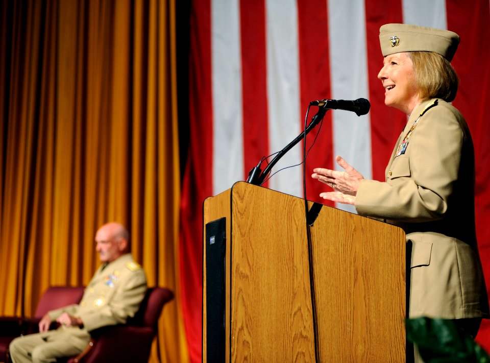 US Navy 090723-N-0555B-149 Rear Adm. Robin Braun reads her official orders before relieving Rear Adm. Joseph Kilkenny as Commander, Navy Recruiting Command (NRC) at a change of command ceremony