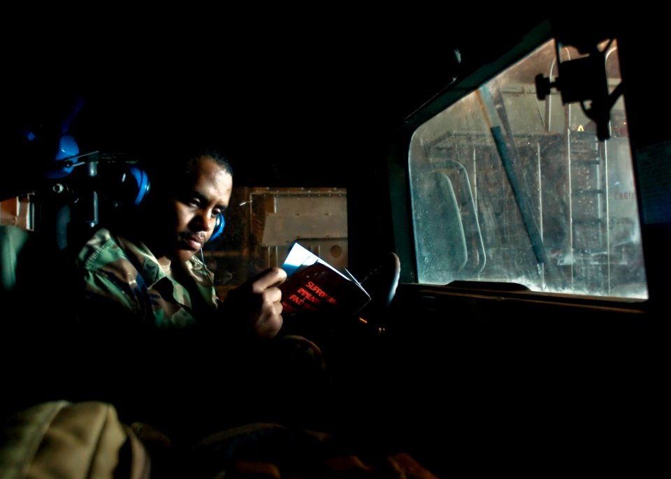 US Navy 090723-N-5253W-004 Quartermaster 1st Class Melvin Cassidy, from Biscoe, N.C. assigned to Beach Master Unit (BMU) 1, sits in a humvee aboard a landing craft air cushion (LCAC)