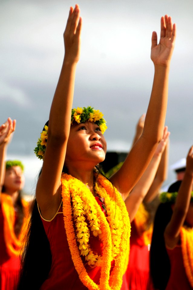 US Navy 090723-N-7498L-043 The girls of Halau Hula Olana (School of Living Hula) perform a traditional hula dance for the arrival of the Virginia-class attack submarine USS Hawaii (SSN 776)
