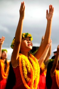US Navy 090723-N-7498L-043 The girls of Halau Hula Olana (School of Living Hula) perform a traditional hula dance for the arrival of the Virginia-class attack submarine USS Hawaii (SSN 776)