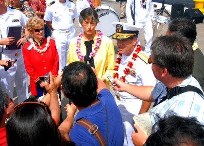 US Navy 090723-N-5476H-580 Rear Adm. Douglas McAneny, commander, Submarine Force U.S. Pacific Fleet, and the Honorable Linda Lingle, governor of the state of Hawaii, answer questions for local news agencies