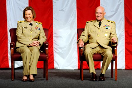 US Navy 090723-N-7948R-026 Rear Adm. Robin Braun, commander, Navy Recruiting Command and Rear Adm. Joe Kilkenny, outgoing commander, Navy Recruiting Command, share a light moment during a change of command ceremony in Millingto