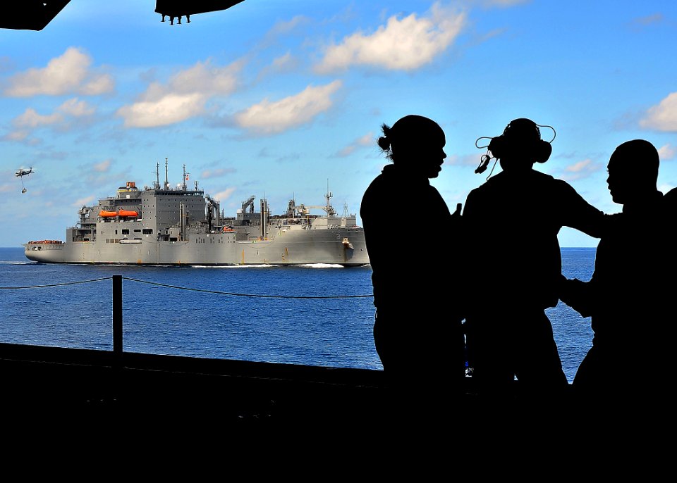 US Navy 090725-N-6233H-049 Sailors assigned to the air department of the aircraft carrier USS George Washington (CVN 73) wait for the aircraft elevator to be lowered with stores during a vertical replenishment