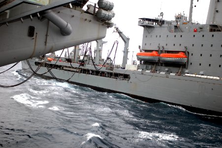 US Navy 090724-N-8960W-021 The Military Sealift Command fleet replenishment oiler USNS Yukon (T-AO 202) delivers jet fuel to the aircraft carrier USS Nimitz (CVN 68) during a replenishment at sea