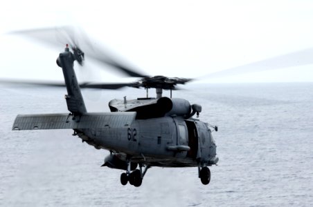 US Navy 090727-N-3038W-104 An SH-60F Sea Hawk helicopter assigned to the Indians of Helicopter Anti-Submarine Squadron (HS) 6 takes off from the aircraft carrier USS Nimitz (CVN 68)