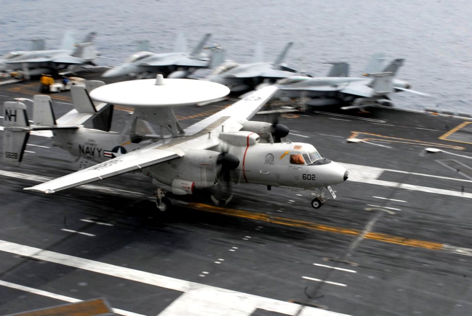 US Navy 090727-N-2918M-047 An E-2C Hawkeye assigned to the Wallbangers of Carrier Airborne Early Warning Squadron (VAW) 117 makes an arrested landing during flight operations aboard the aircraft carrier USS Nimitz(CVN 68)
