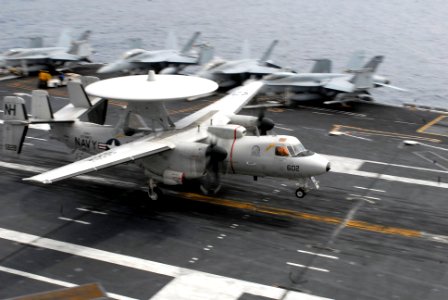US Navy 090727-N-2918M-047 An E-2C Hawkeye assigned to the Wallbangers of Carrier Airborne Early Warning Squadron (VAW) 117 makes an arrested landing during flight operations aboard the aircraft carrier USS Nimitz(CVN 68)