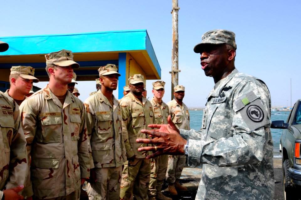 US Navy 090730-N-2420K-140 Gen. William 'Kip' Ward, Commander, U.S. Africa Command, talks to Sailors during the establishment of a U.S. military harbor security force at the Port de Djibouti
