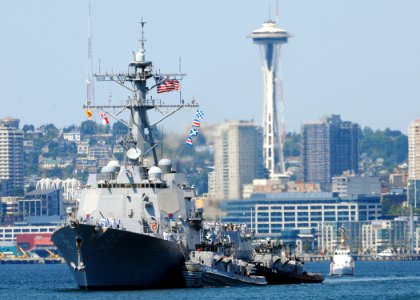 US Navy 090728-N-4649C-001 The Arleigh Burke-class destroyer USS Shoup (DDG 86) arrives in Seattle for the 60th Seafair celebration. Sailors will have the opportunity to experience the sights of downtown Seattle