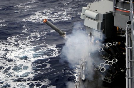 US Navy 090728-N-4774B-054 A MK 36 super rapid blooming off board countermeasures (RBOC) chaff and decoy is launched from the guided-missile cruiser USS Lake Champlain (CG 57)