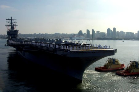 US Navy 090731-N-3038W-188 Sailors aboard the aircraft carrier USS Nimitz (CVN 68) man the rails as Nimitz and embarked Carrier Air Wing (CVW) 11 depart San Diego