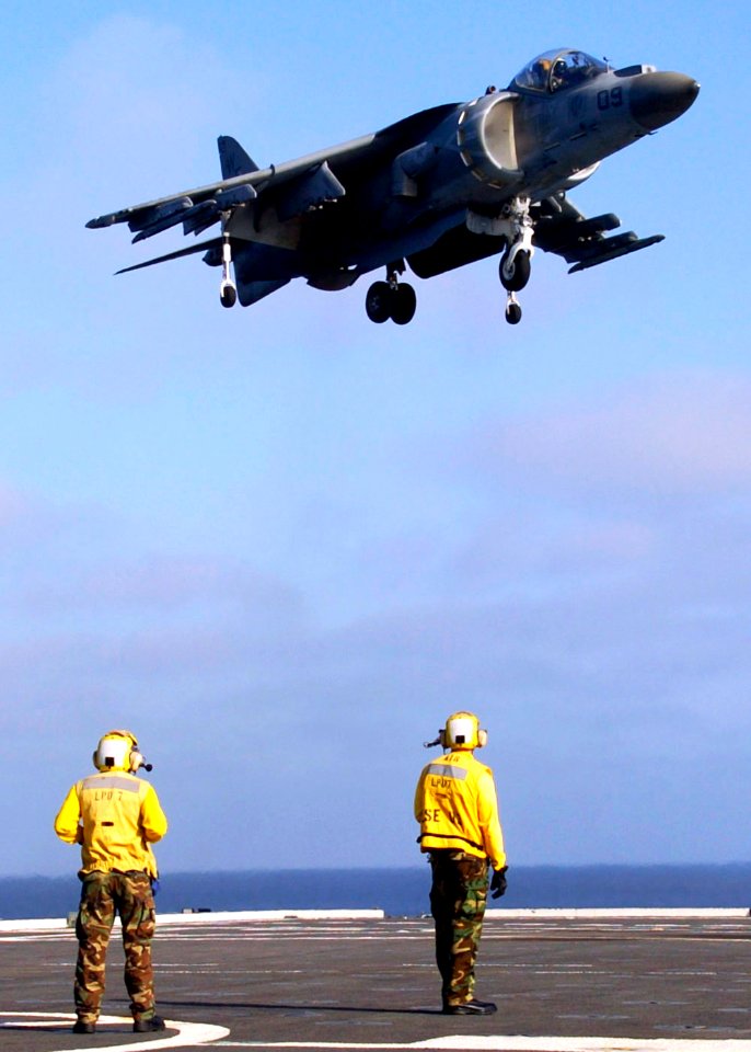 US Navy 090726-N-3925A-006 An AV-8-B Harrier assigned to the Sea Elks of takes off from the amphibious transport dock ship USS Cleveland (LPD 7)
