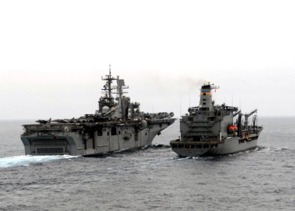 US Navy 090730-N-5148B-008 The amphibious assault ship USS Bonhomme Richard (LHD 6) prepares to come along side the Military Sealift Command fleet replenishment Oiler USNS Yukon (T-AO 202) during an underway replenishment