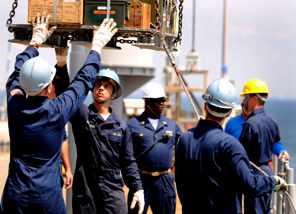 US Navy 090730-N-7280V-279 Sailors move ammunition on the main deck of the amphibious command ship USS Blue Ridge (LCC 19) while at anchorage in Tokyo Bay
