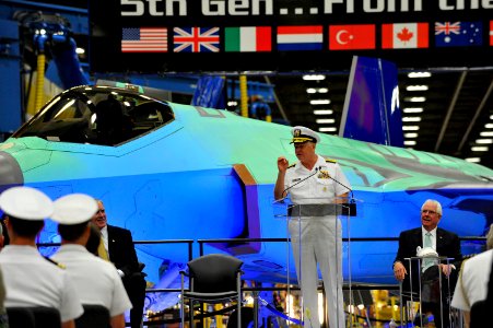 US Navy 090728-N-8273J-033 Chief of Naval Operations (CNO) Adm. Gary Roughead delivers remarks during the rollout ceremony for the F-35C Lightning II, the Navy's first-ever stealth fighter