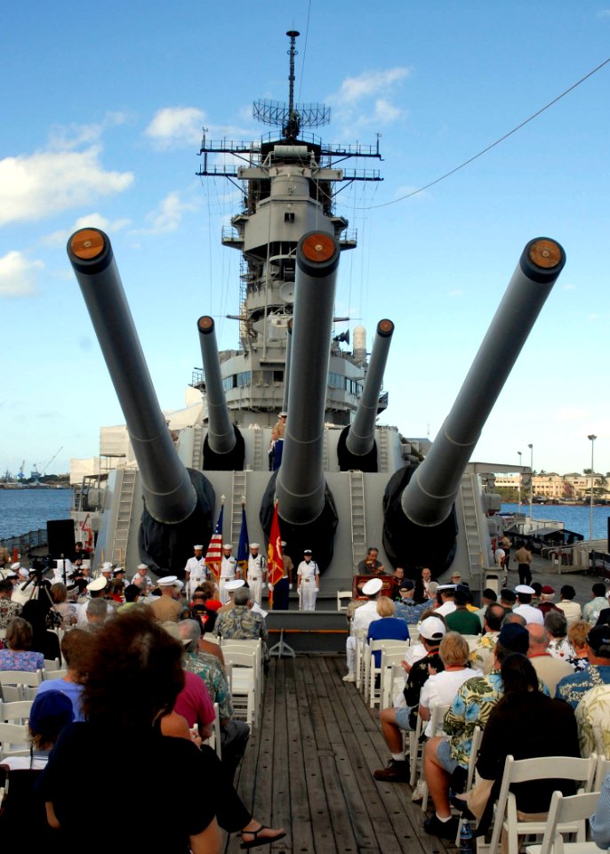 US Navy 090802-N-8539M-557 Guests gather on the deck of the battleship USS Missouri Memorial for the 64th anniversary of the end of World War II