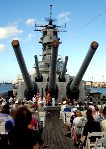 US Navy 090802-N-8539M-557 Guests gather on the deck of the battleship USS Missouri Memorial for the 64th anniversary of the end of World War II