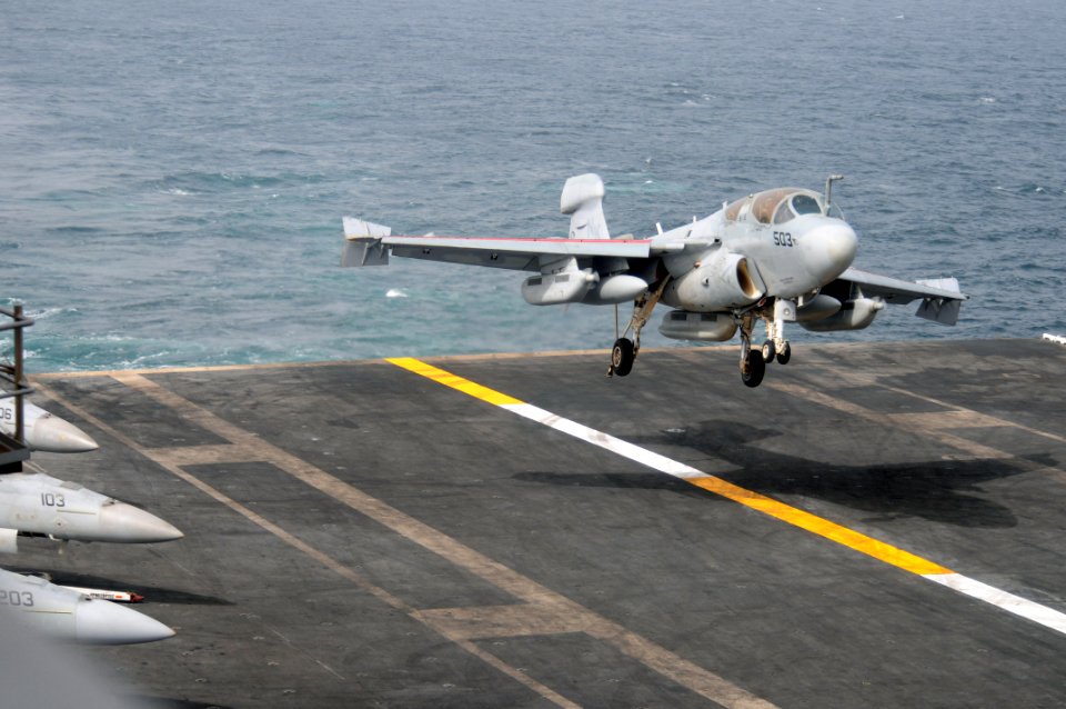 US Navy 090801-N-4995K-049 An EA-6B Prowler, assigned to the Cougars of Tactical Electronic Warfare Squadron (VAQ) 139, lands on the flight deck of the aircraft carrier USS Ronald Reagan (CVN 76)