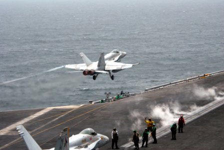 US Navy 090801-N-9132C-056 An F-A-18C Hornet, assigned to the Stingers of Strike Fighter Squadron (VFA) 113 launches from the aircraft carrier USS Ronald Reagan (CVN 76). Ronald Reagan is deployed to the U.S. 5th Fleet area of